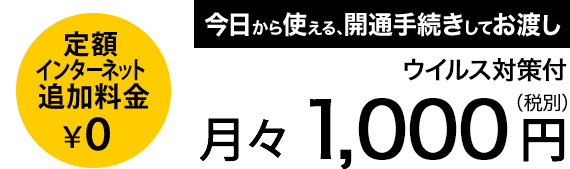 定額インターネット追加料金0円 月々1000円(税別)