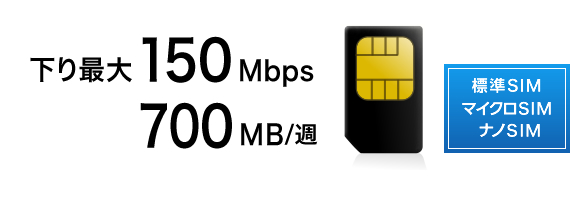 下り最大150Mbps 700MB/週 標準SIM マイクロSIM ナノSIM
